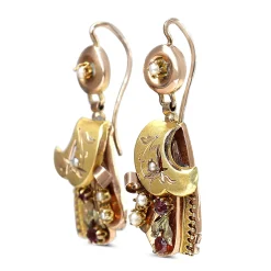 9ct Yellow Gold Ruby and Pearl Victorian Antique Earrings