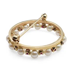 14ct Yellow Gold Ruby and Pearl Wreath Brooch