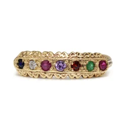 9ct Yellow Gold Ruby, Emerald, Garnet, Amethyst, Diamond and Sapphire Regard Ring