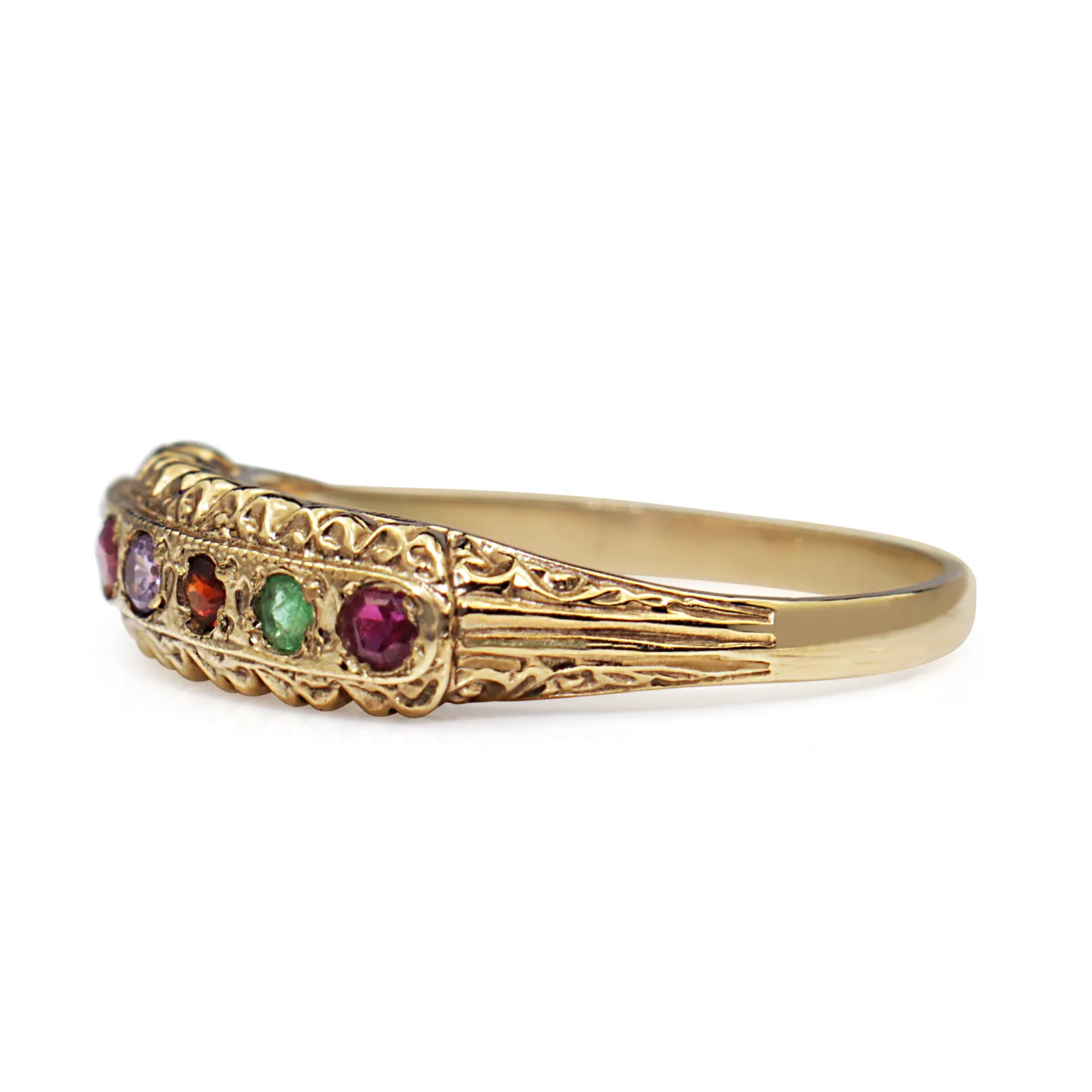 9ct Yellow Gold Ruby, Emerald, Garnet, Amethyst, Diamond and Sapphire Regard Ring