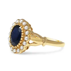 9ct Yellow Gold Sapphire and Pearl Daisy Cluster Ring