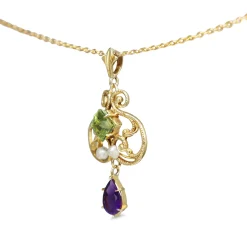 14ct Yellow Gold Suffragette Peridot, Pearl and Amethyst Necklace