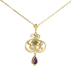 14ct Yellow Gold Suffragette Peridot, Pearl and Amethyst Necklace