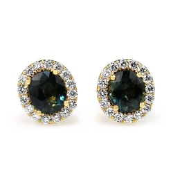 18ct Yellow Gold Teal Sapphire and Diamond Halo Earrings