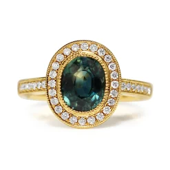 18ct Yellow Gold Teal Sapphire Diamond Halo Ring
