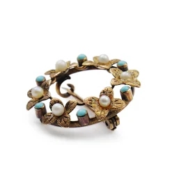 15ct Yellow Gold Turquoise and Pearl Wreath Brooch