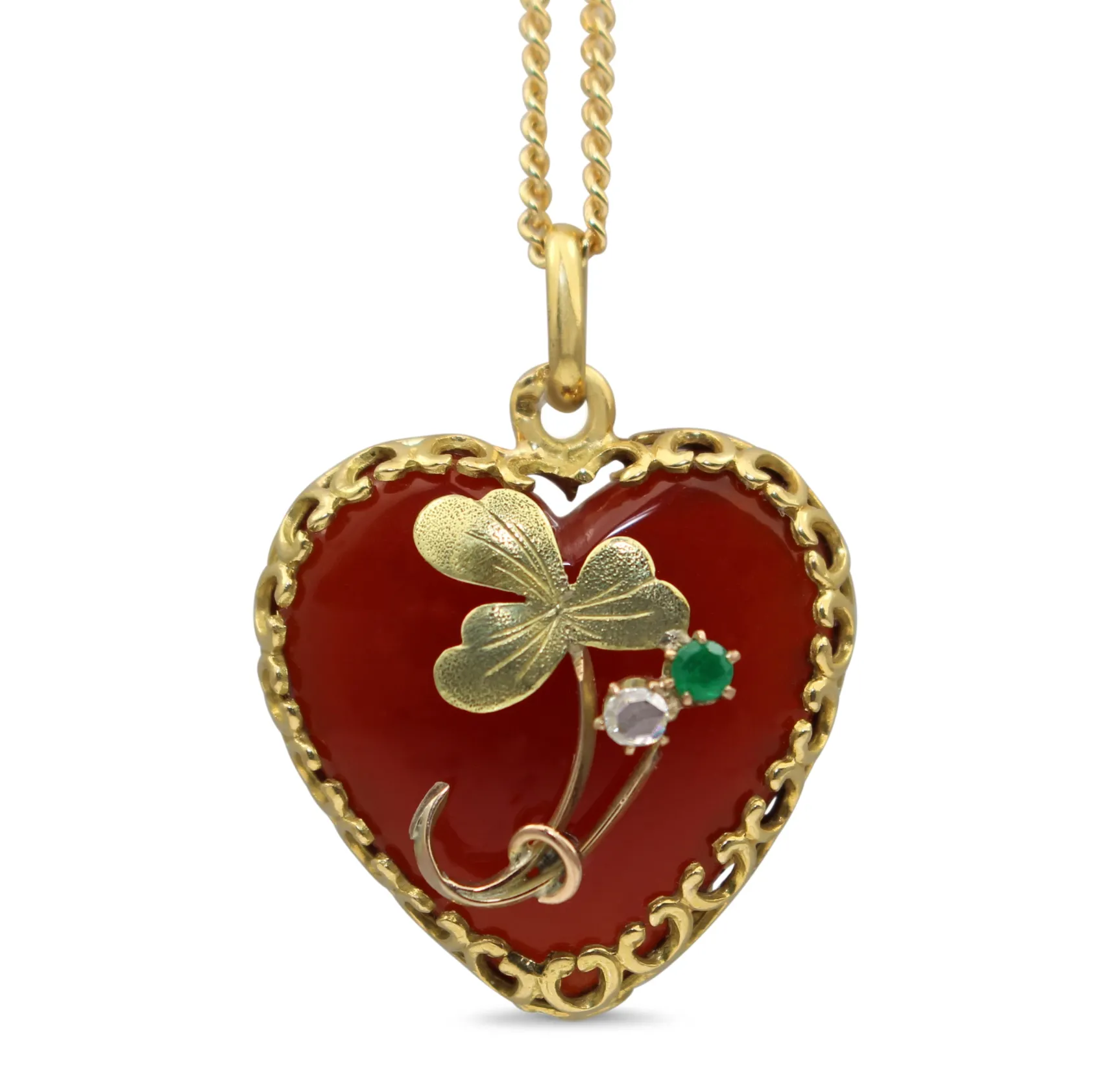 18ct Yellow Gold Vintage Agate, Emerald and Rose Cut Diamond Necklace