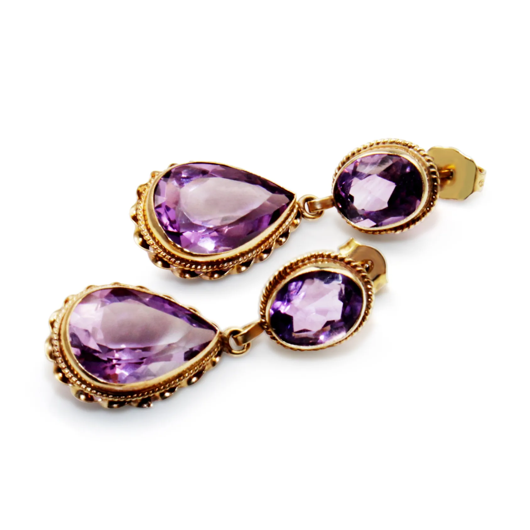 14ct Yellow Gold Vintage Amethyst Drop Earrings
