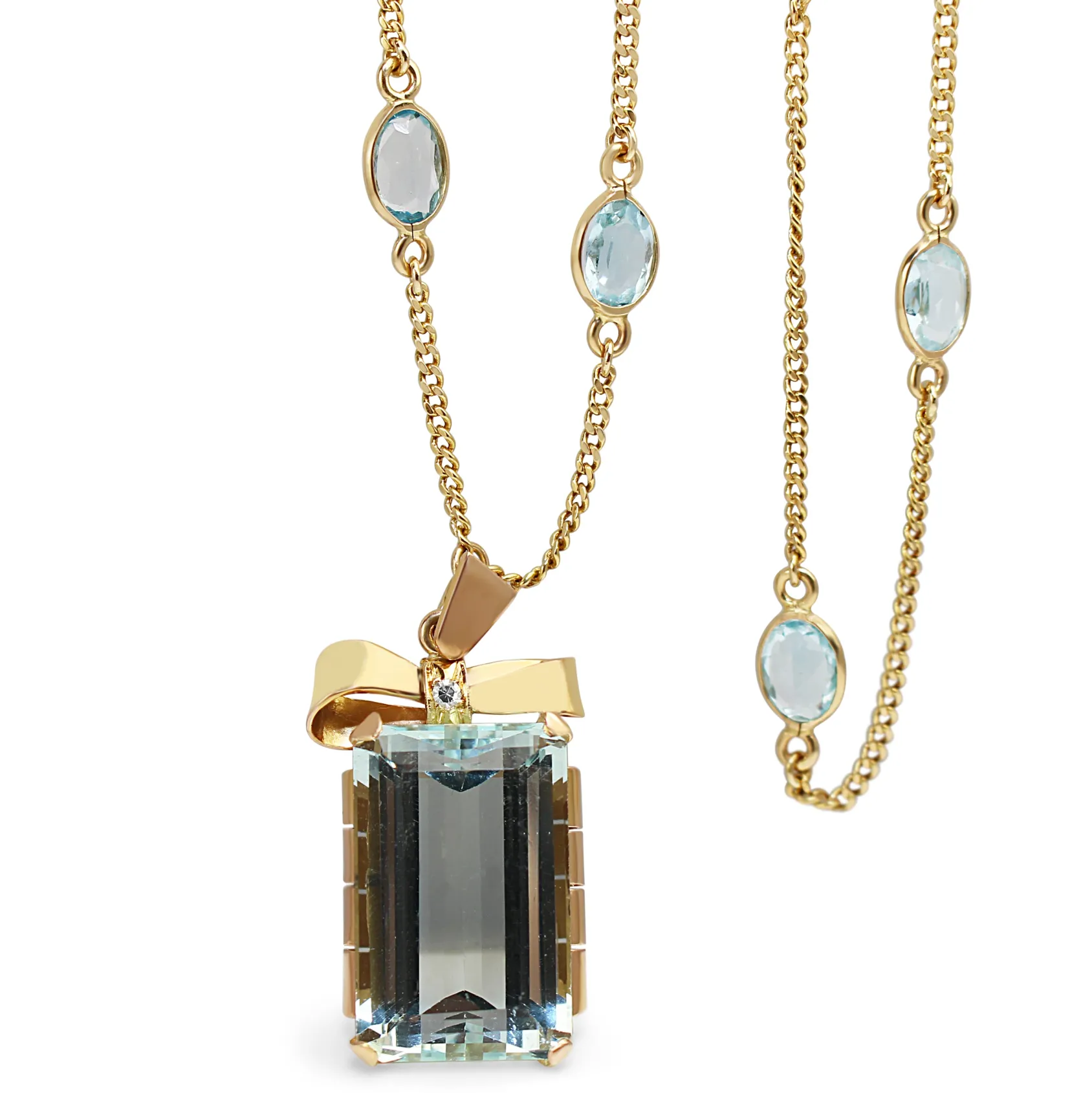 18ct Yellow Gold Vintage Aquamarine and Diamond Bow Pendant on Topaz Chain Necklace