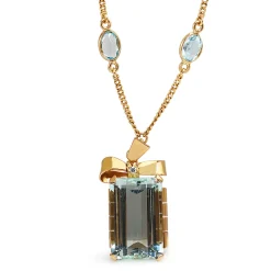 18ct Yellow Gold Vintage Aquamarine and Diamond Bow Pendant on Topaz Chain Necklace