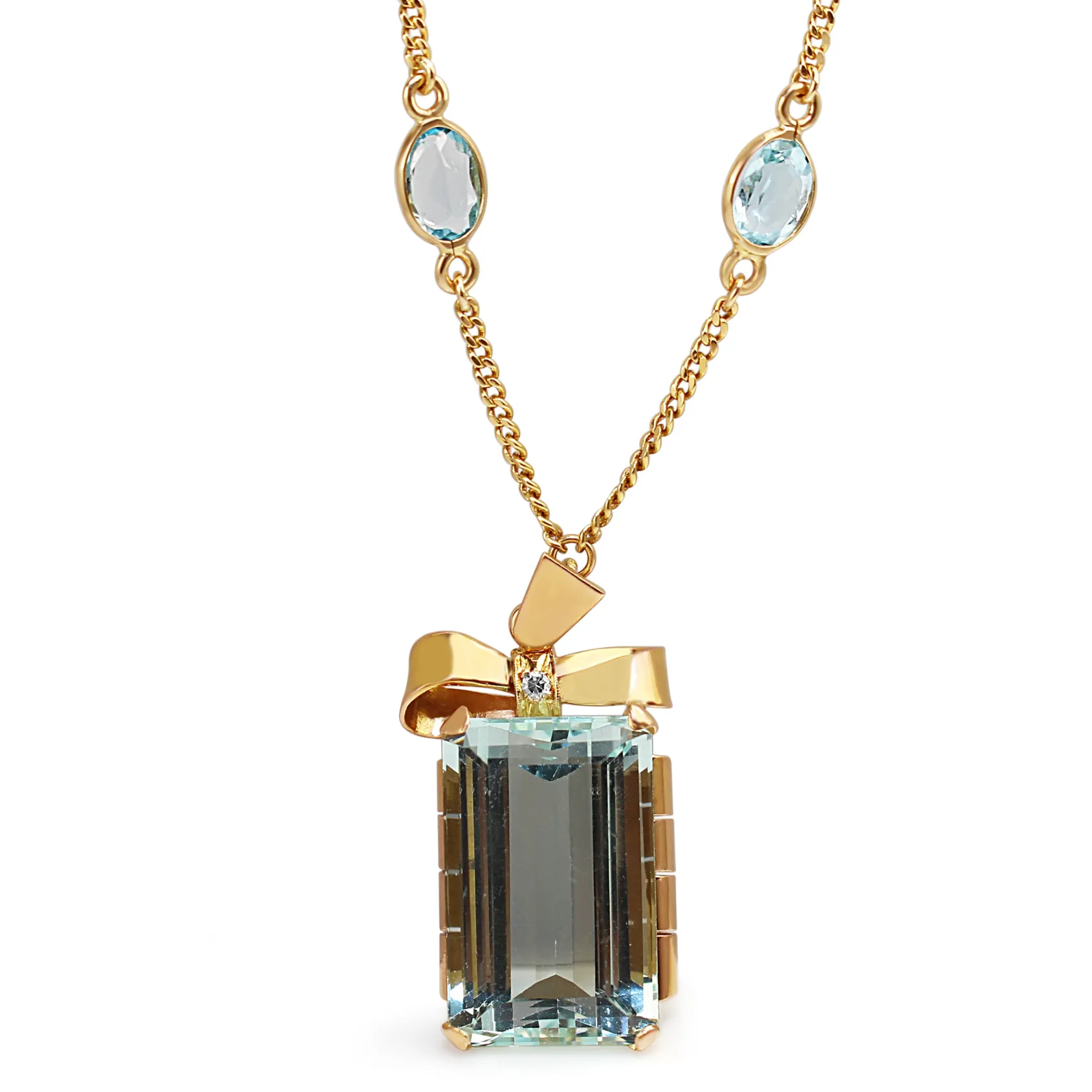18ct Yellow Gold Vintage Aquamarine and Diamond Bow Pendant on Topaz Chain Necklace