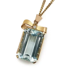 18ct Yellow Gold Vintage Aquamarine and Diamond Bow Pendant on Topaz Chain Necklace