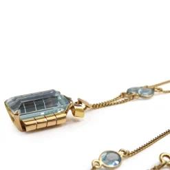 18ct Yellow Gold Vintage Aquamarine and Diamond Bow Pendant on Topaz Chain Necklace