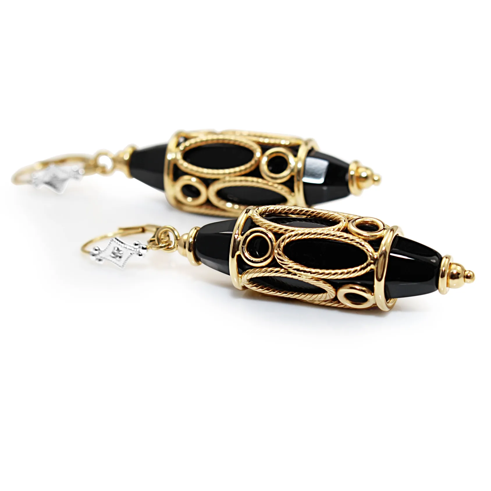 14ct Yellow Gold Vintage Onyx and Diamond Drop Earrings