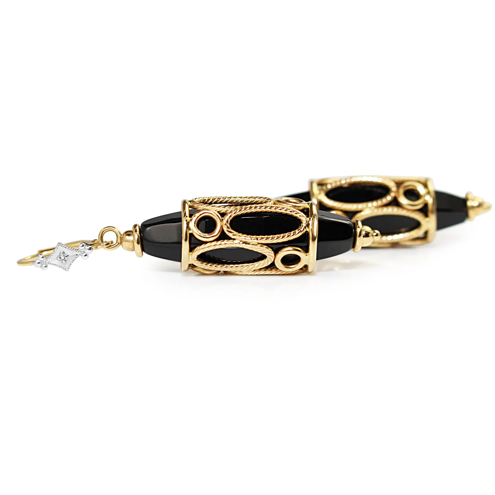 14ct Yellow Gold Vintage Onyx and Diamond Drop Earrings