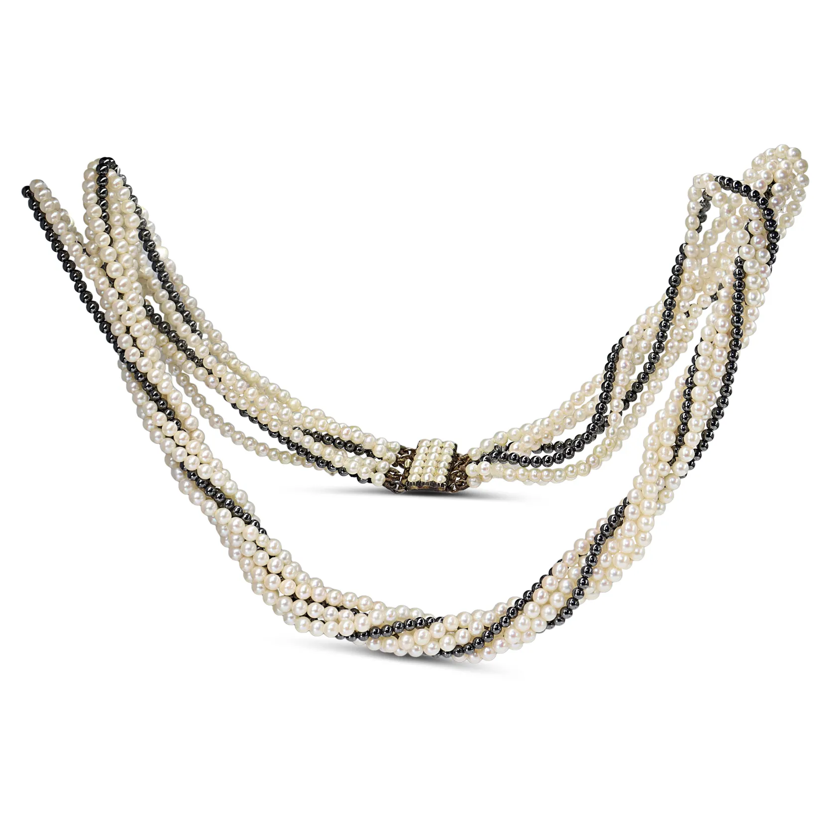 9ct Yellow Gold Vintage Seed Pearl and Hematite Necklace
