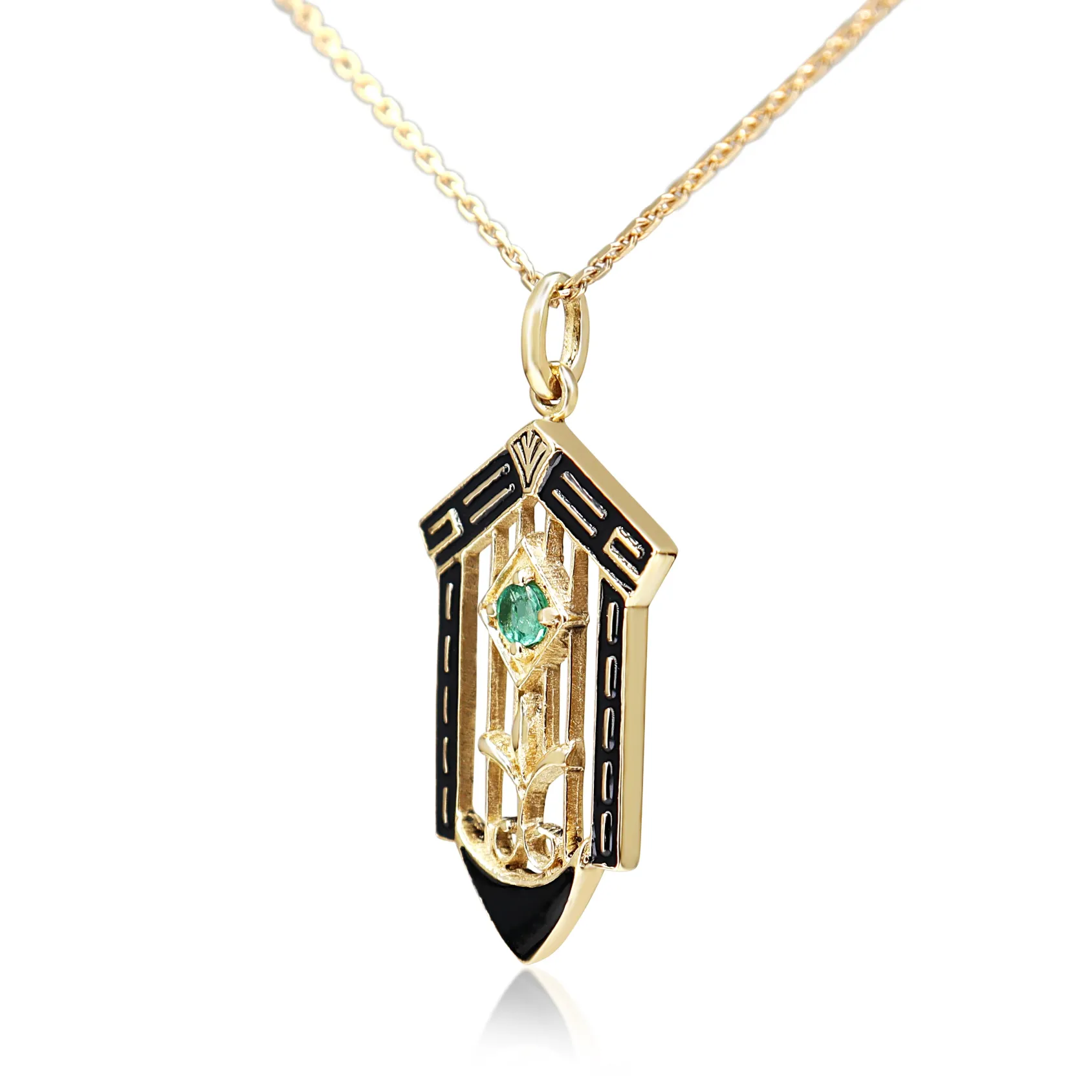 9ct Yellow Gold Vintage Style Emerald and Enamel Necklace