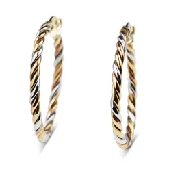 9ct Yellow, Rose and White Gold 25mm 3 Tone Twist Hoop Earrings
