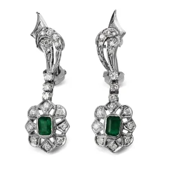 Palladium Art Deco Emerald and Single Cut Diamond Earrings