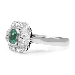 Palladium Art Deco Emerald and Single Cut Diamond Ring