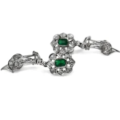 Palladium Art Deco Emerald and Single Cut Diamond Earrings