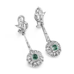 Palladium Art Deco Emerald and Diamond Drop Earrings