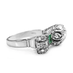 Palladium Art Deco Emerald and Rose Cut Diamond Bow Ring