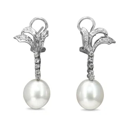 Palladium Art Deco 11mm South Sea Pearl Earrings with Single Cut Diamonds