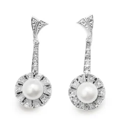 Palladium Art Deco Pearl and Single Cut Diamond Drop Earrings