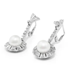 Palladium Art Deco Pearl and Single Cut Diamond Drop Earrings