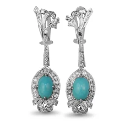 Palladium Art Deco Turquoise and Single Cut Diamond Drop Earrings