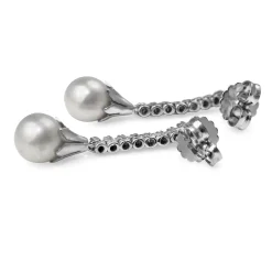 Palladium Cultured Pearl and Single Cut Diamond Drop Earrings