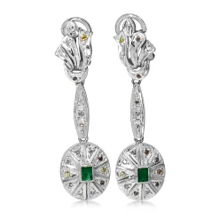 Palladium Deco Emerald and Diamond Drop Earrings