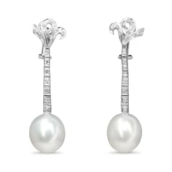 Palladium Deco Vintage Single Cut Diamond and 12mm South Sea Pearl Earrings