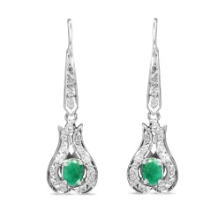 Palladium Emerald and Single Cut Diamond Deco Earrings