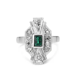 Palladium Emerald and Single Cut Diamond Art Deco Ring