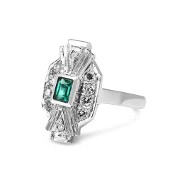 Palladium Emerald and Single Cut Diamond Art Deco Ring