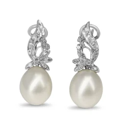 Palladium 10.6mm Fresh Water Pearl and Diamond Vintage Earrings