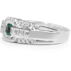 Palladium Retro Emerald and Diamond Ring