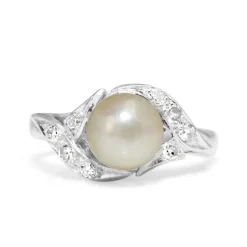 Palladium Vintage Cultured Pearl and Diamond Ring