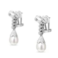 Palladium Vintage 7mm Fresh Water Pearl and Single Cut Diamond Bow Earrings