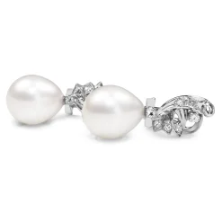 Palladium Vintage 11mm Fresh Water Pearl and Single Cut Diamond Earrings