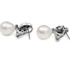 Palladium Vintage 11mm Fresh Water Pearl and Single Cut Diamond Earrings
