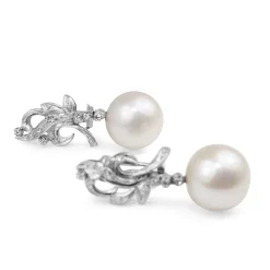 Palladium Vintage Single Cut Diamond 14mm Fresh Water Pearl Earrings