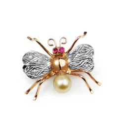 Platinum and 18ct Rose Gold Deco Ruby and Pearl Insect/Bee Brooch
