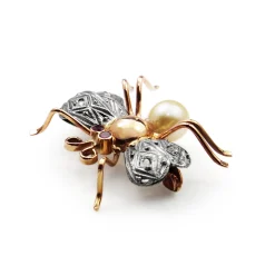 Platinum and 18ct Rose Gold Deco Ruby and Pearl Insect/Bee Brooch