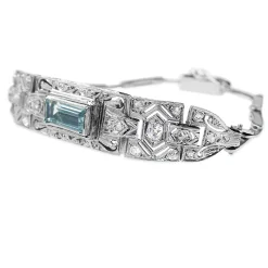 Platinum Art Deco Aquamarine and Old Cut Diamond Bracelet