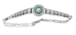 Platinum Art Deco Emerald and Diamond Daisy Flower Bracelet
