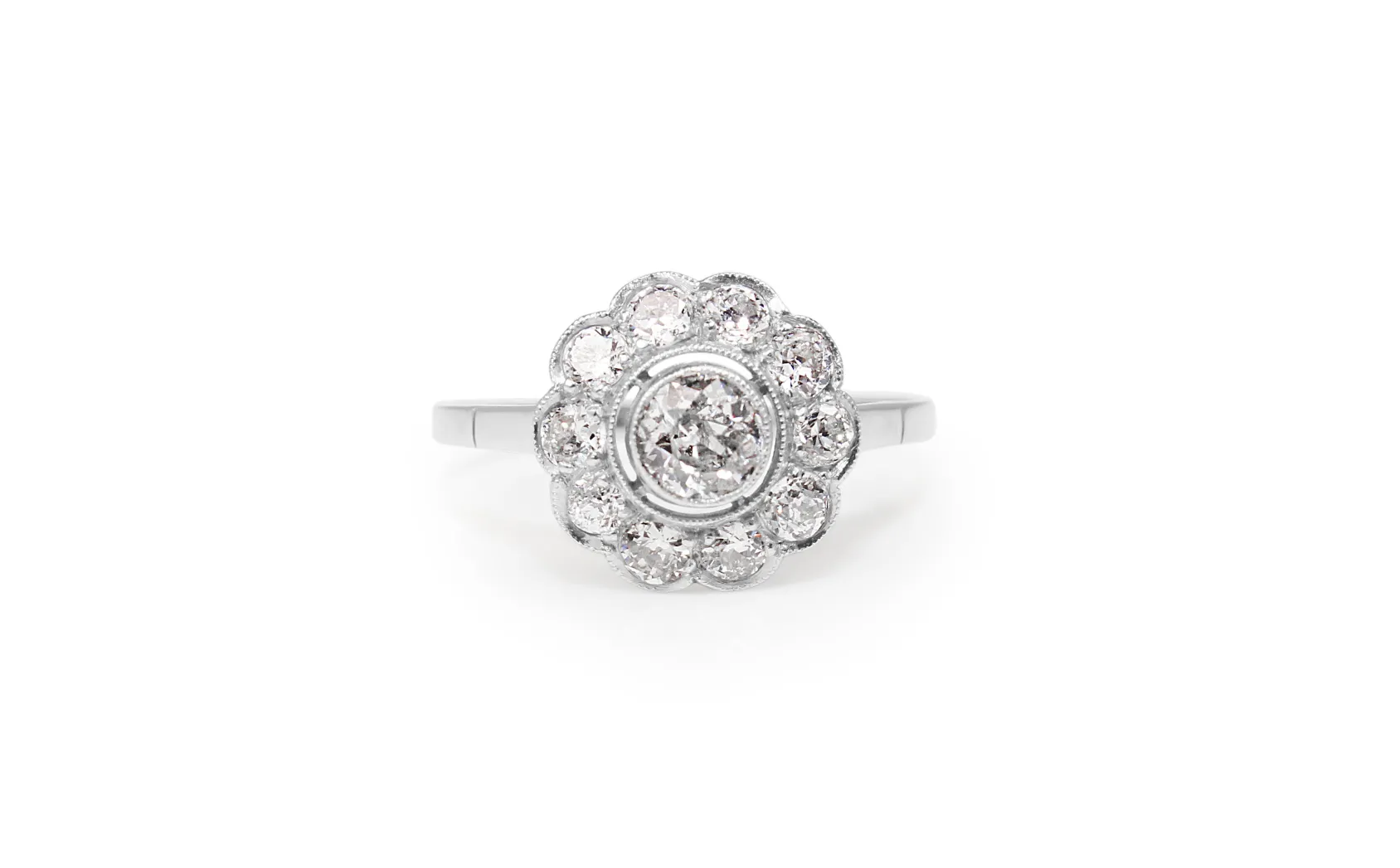 Platinum Art Deco Old Cut Diamond Daisy Ring
