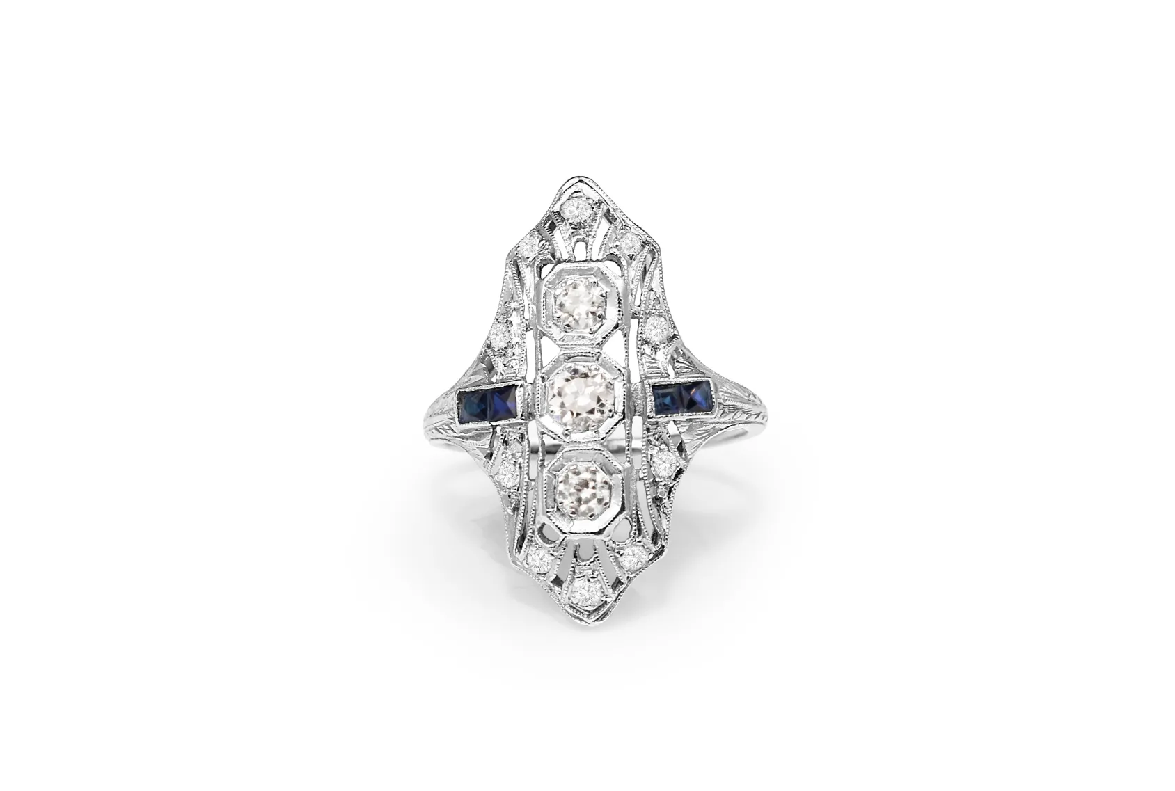 Platinum Art Deco Old Cut Diamond and Sapphire Ring